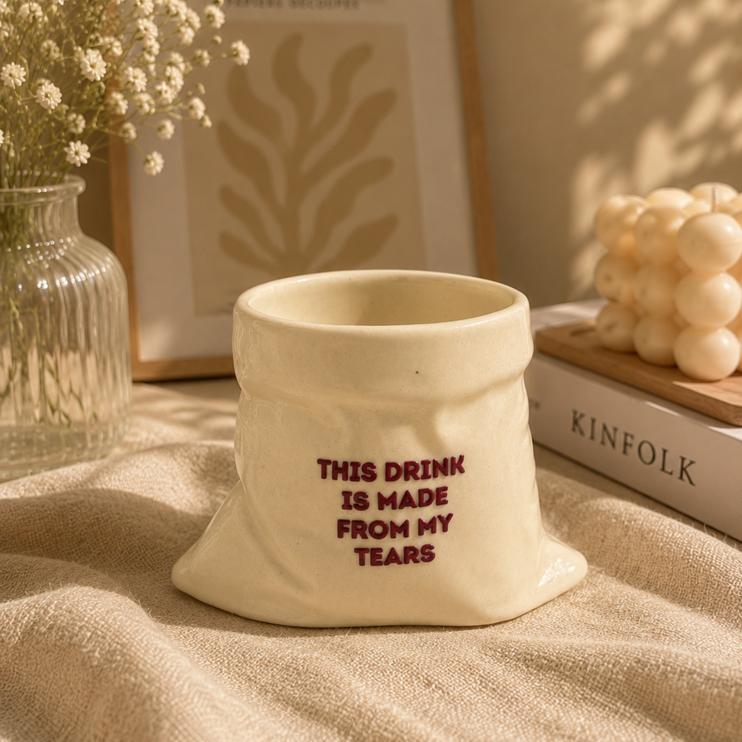 My Drink is Made from my Tears- White Ceramic Pouch Mug with UV DTF Sticker