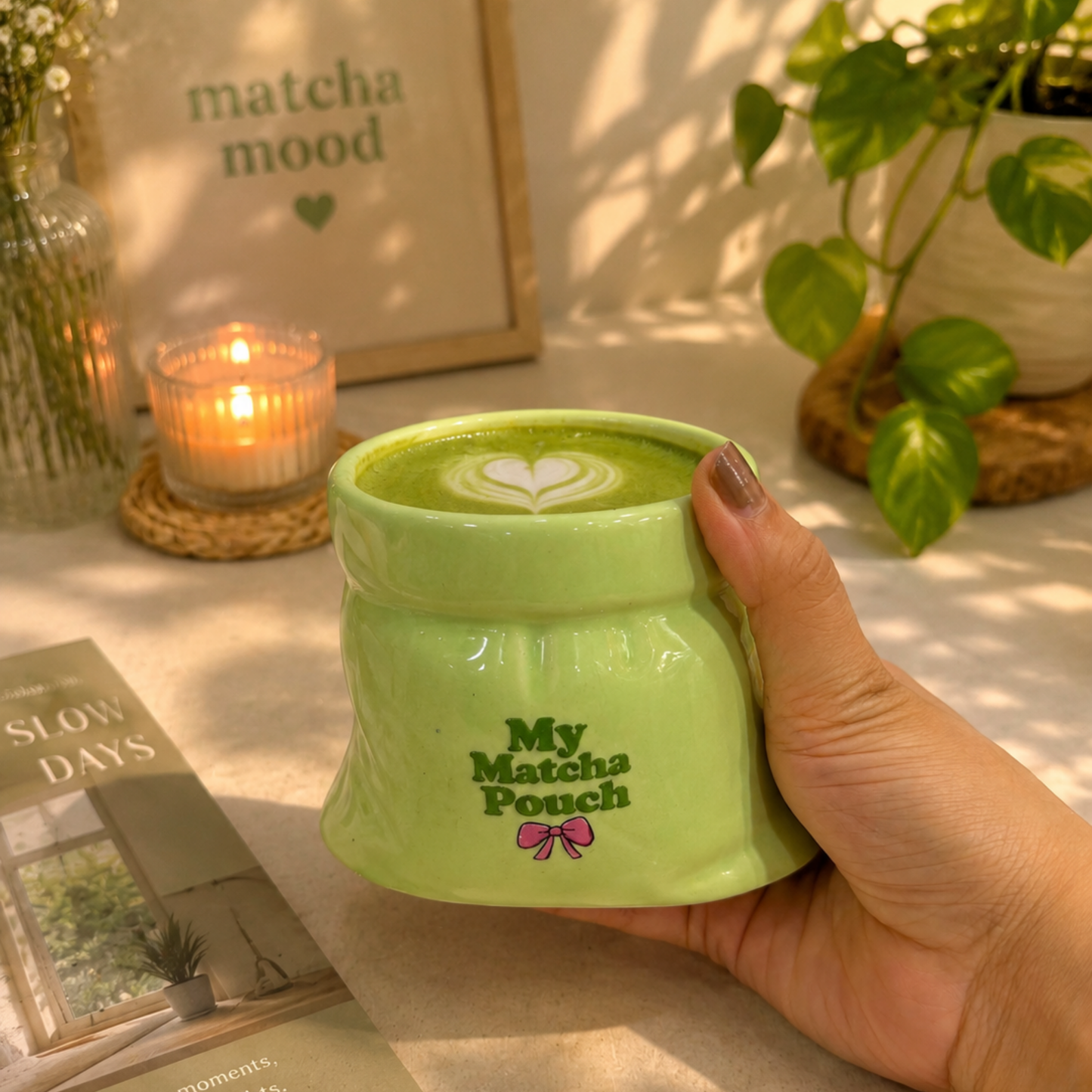 My Matcha Pouch- Green Ceramic Pouch Mug with UV DTF Sticker