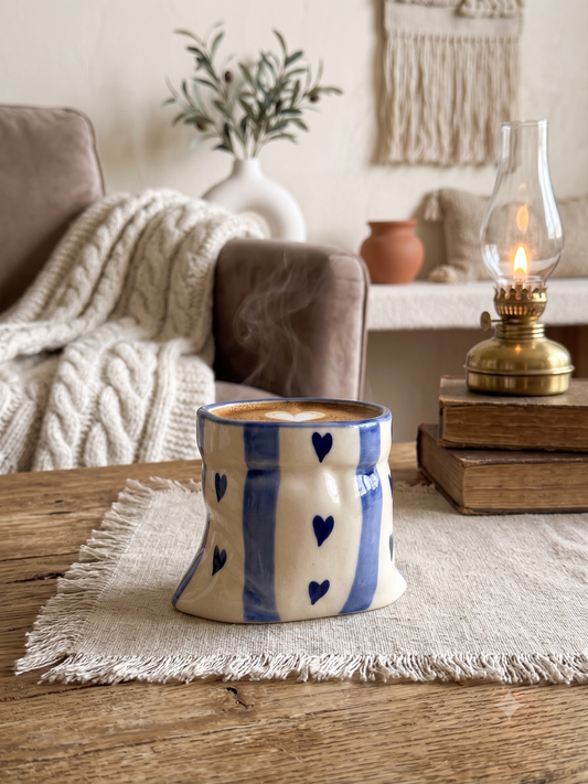 Blue stripes Heart Print Ceramic Pouch Mug