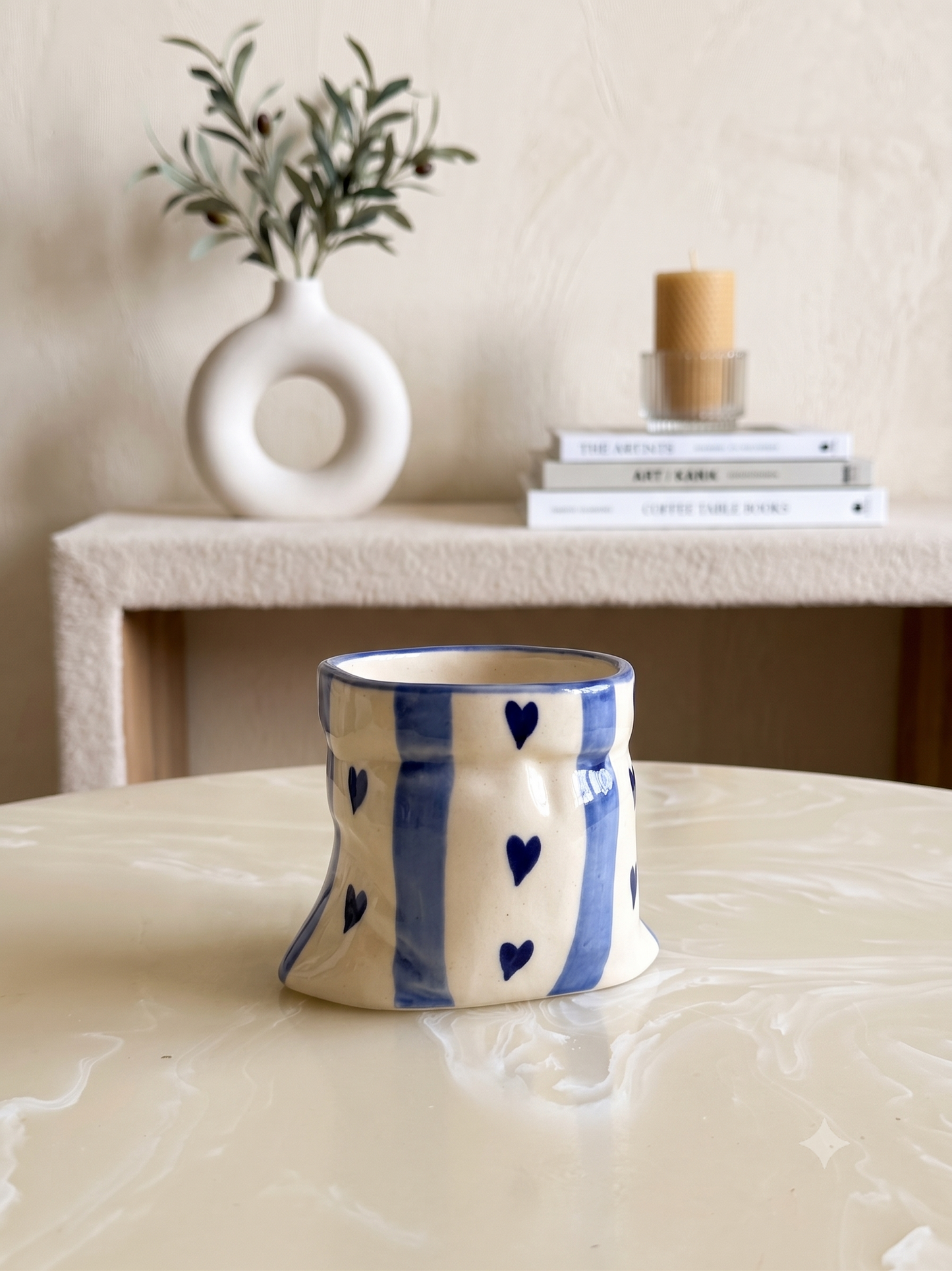 Blue stripes Heart Print Ceramic Pouch Mug