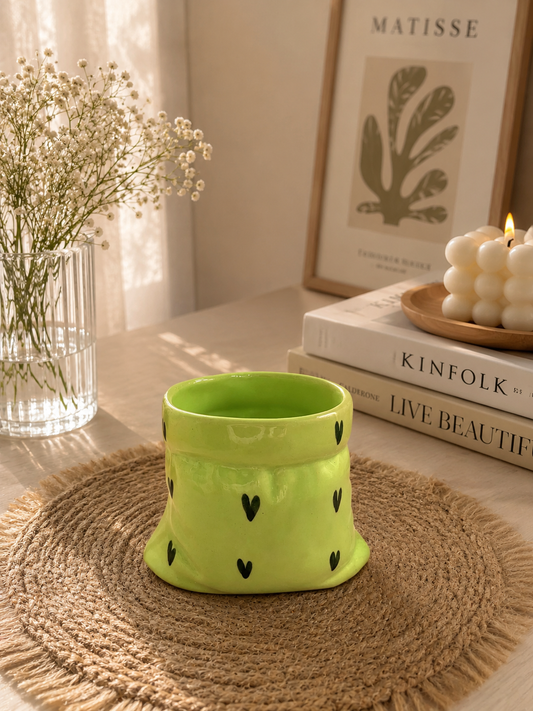 Green Ceramic Pouch Mug with Hearts