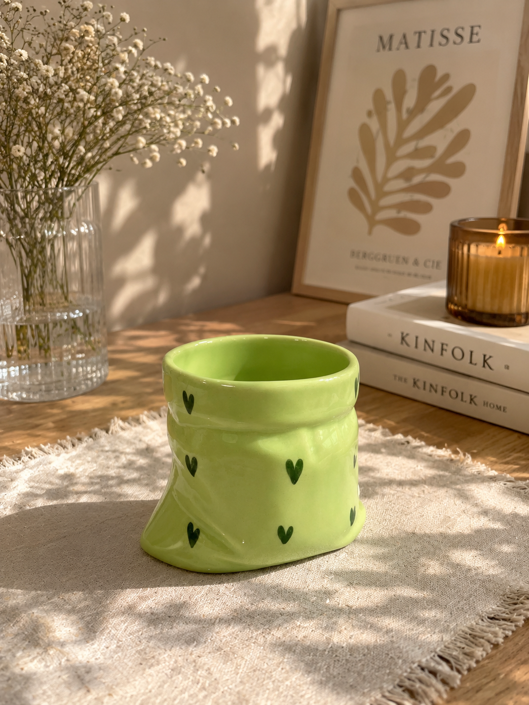 Green Ceramic Pouch Mug with Hearts