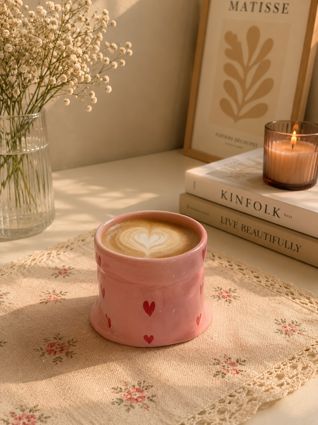 Pink Ceramic Pouch Mug with Hearts