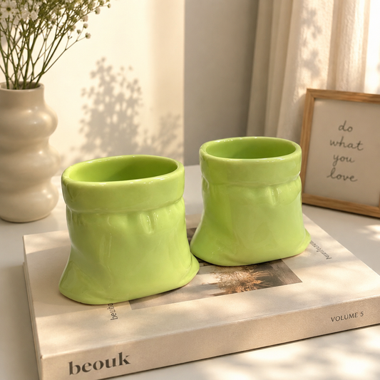 Green Ceramic Matcha Pouch Mug(Set of 2)