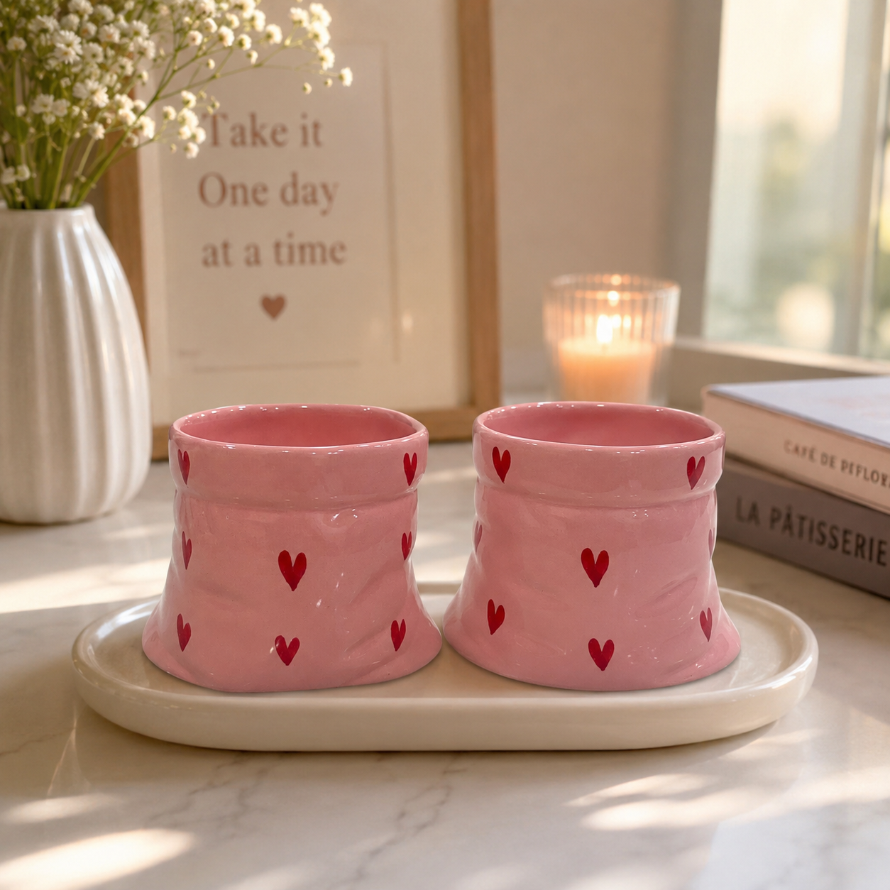Pink Ceramic Pouch Mug with Hearts (set of 2)