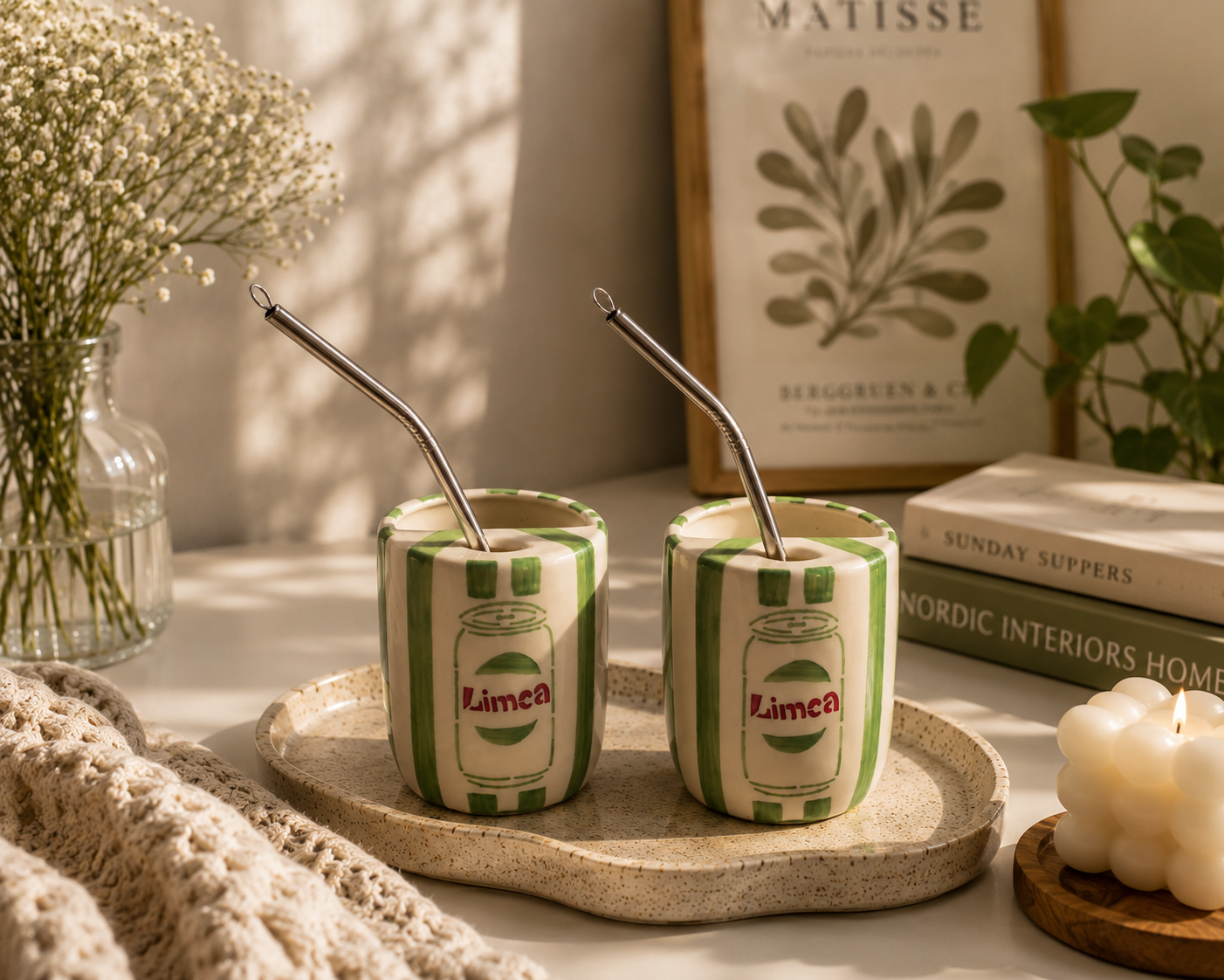Light Green Limca Ceramic Sipper/Tumbler - with stainless steel straw (Set of 2)