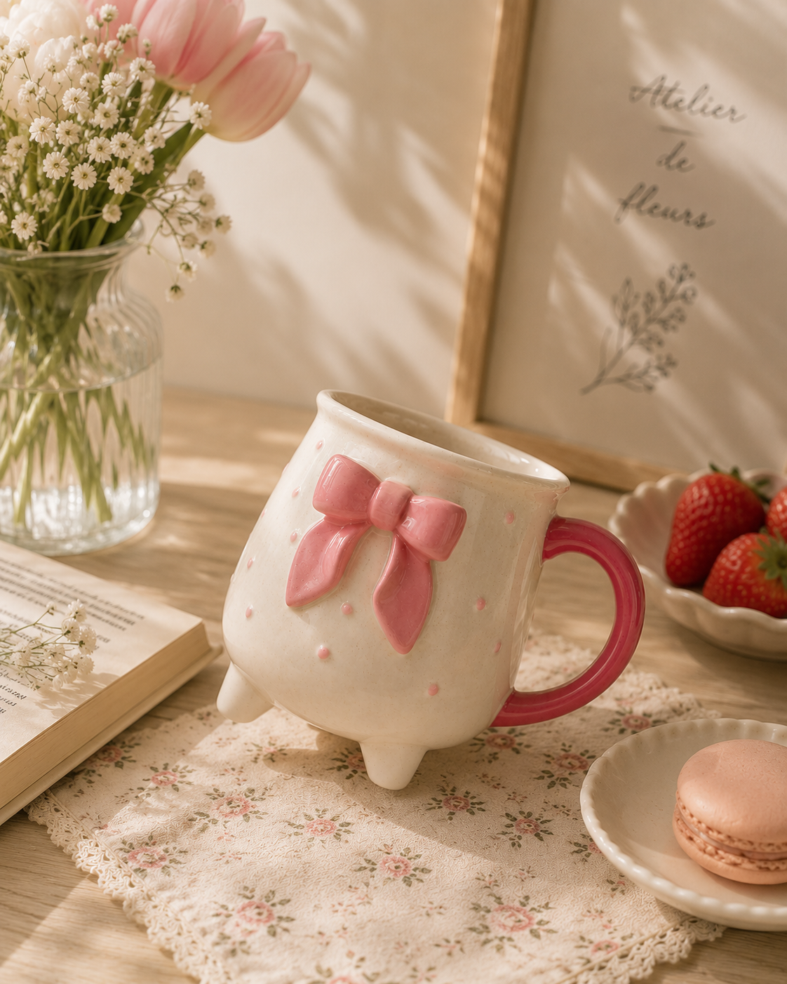Pink Bow Ceramic Cup with Legs