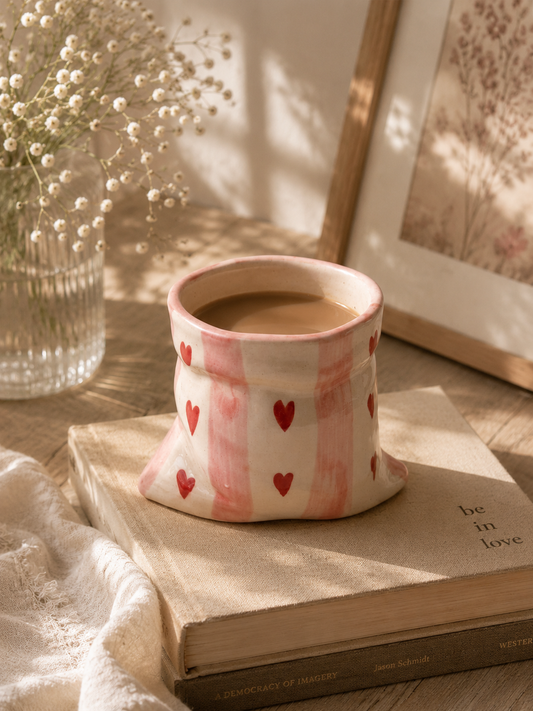 Handmade Heart Print Ceramic Pouch Coffee Mug – Aesthetic Pink Striped Tea Cup for Coffee Milk Espresso, Cute Pottery Style Designer Mug for Women Girls Home Café Use