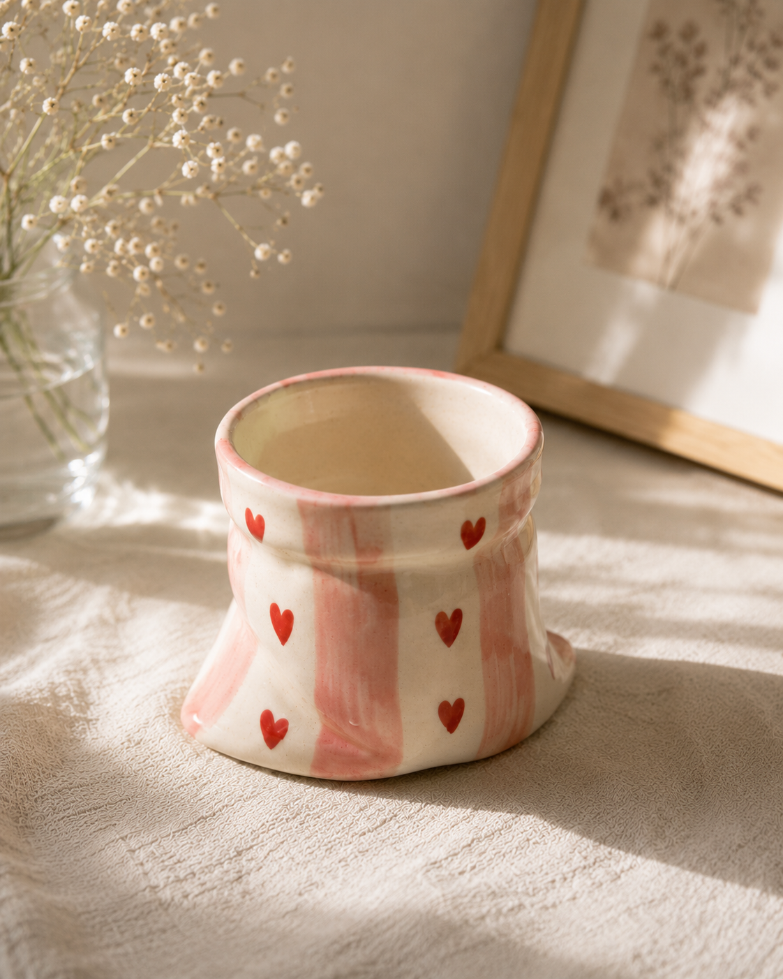 Handmade Heart Print Ceramic Pouch Coffee Mug – Aesthetic Pink Striped Tea Cup for Coffee Milk Espresso, Cute Pottery Style Designer Mug for Women Girls Home Café Use
