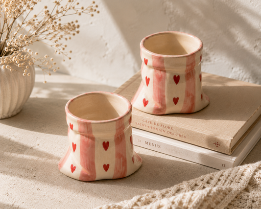Pink stripes Heart Print Ceramic Pouch Mug (Set of 2)