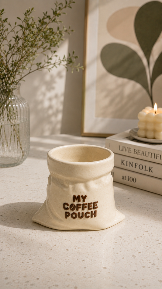 My Coffee Pouch- White Ceramic Pouch Mug with UV DTF Sticker