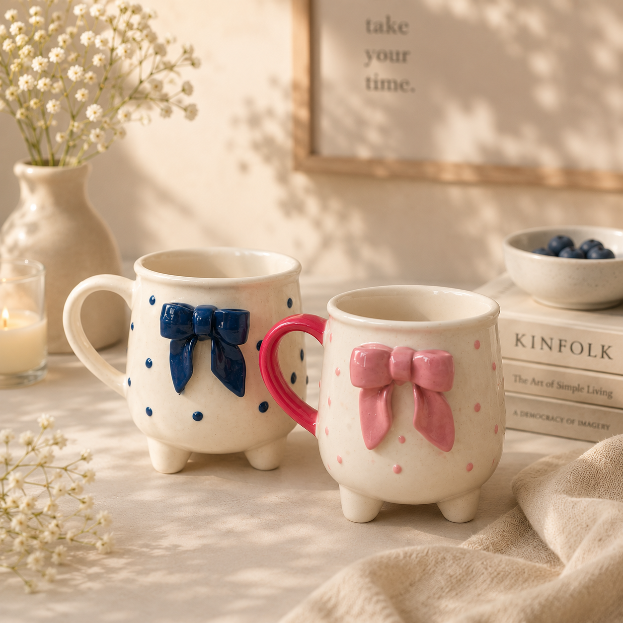 Pink Bow & Blue Bow Cup with Legs Ceramic Mug (Set of 2)