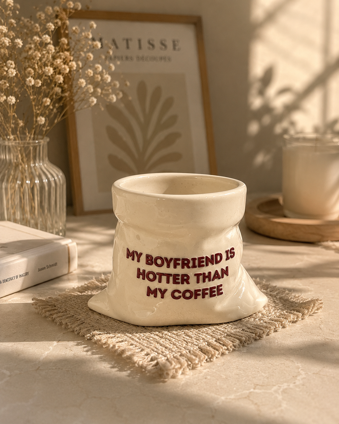 My Boyfriend is Hotter than my Coffee- White Ceramic Pouch Mug with UV DTF Sticker