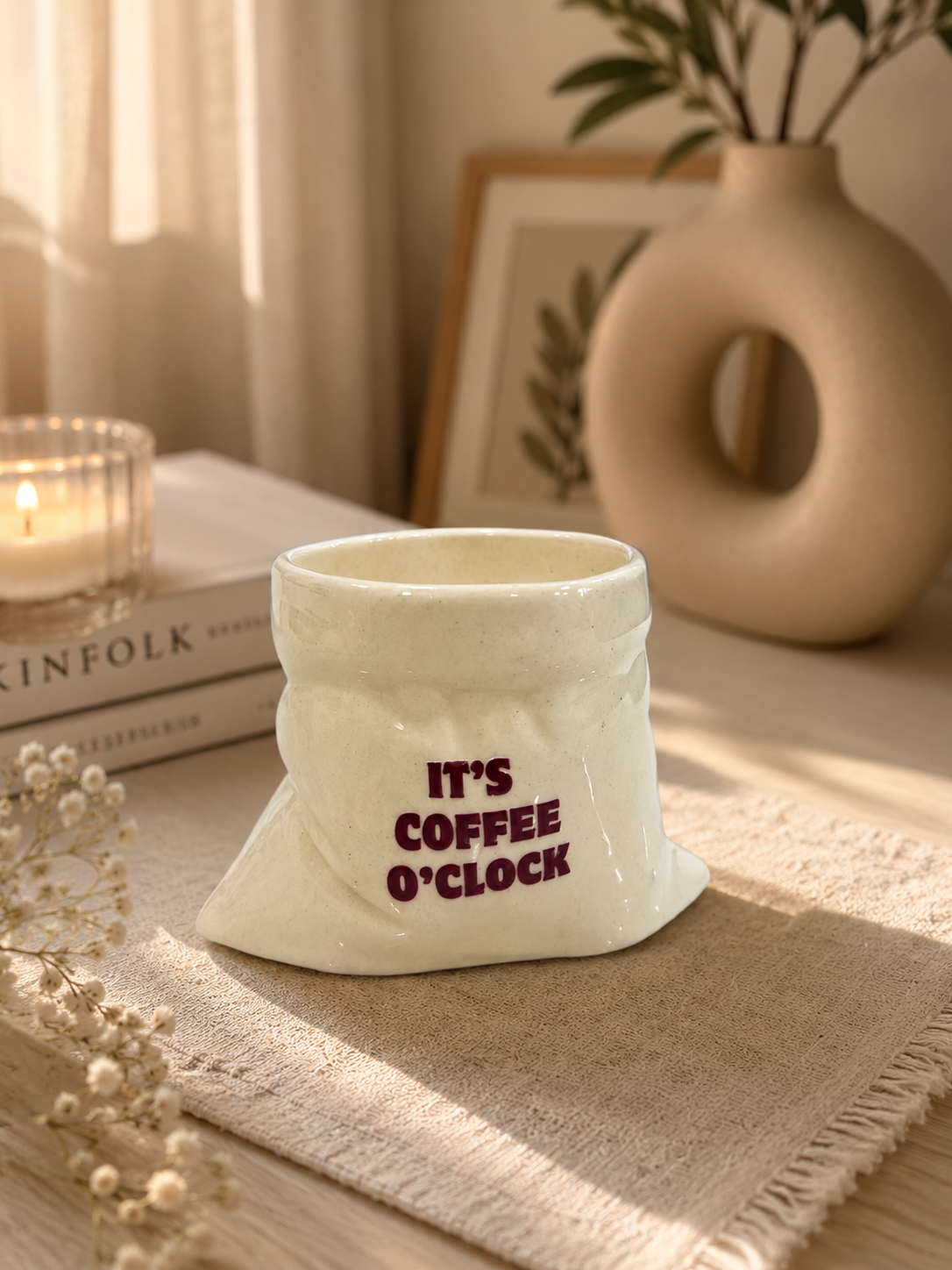 It's Coffee O'clock- White Ceramic Pouch Mug with UV DTF Sticker