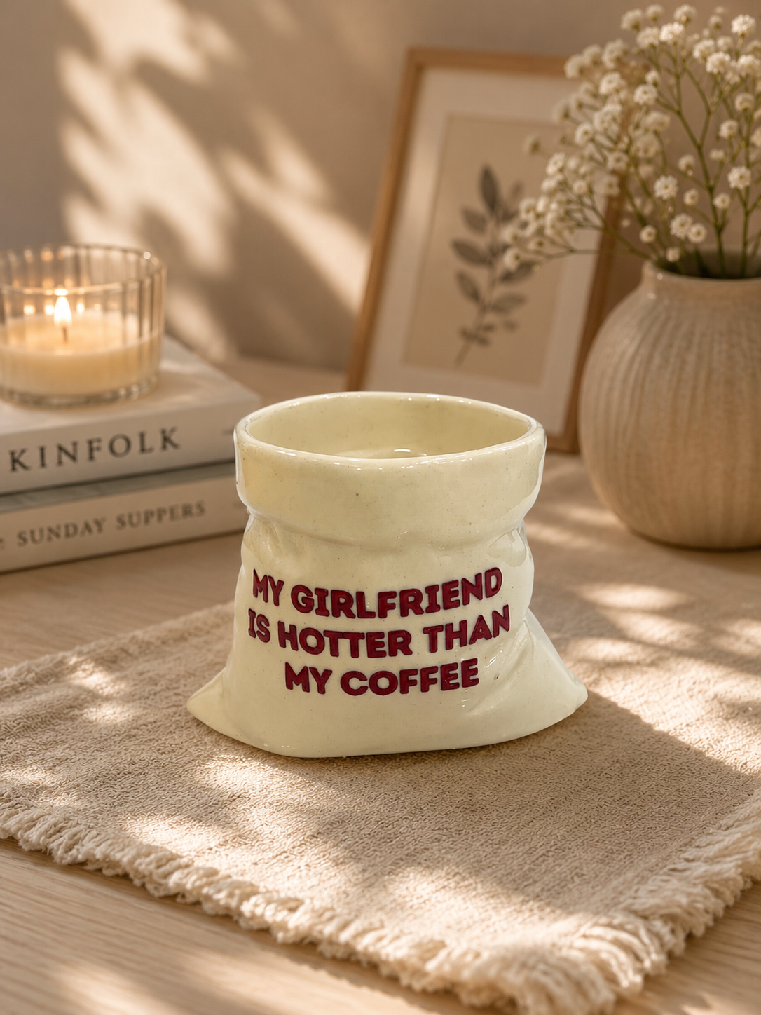 My Girlfriend is Hotter than my Coffee- White Ceramic Pouch Mug with UV DTF Sticker