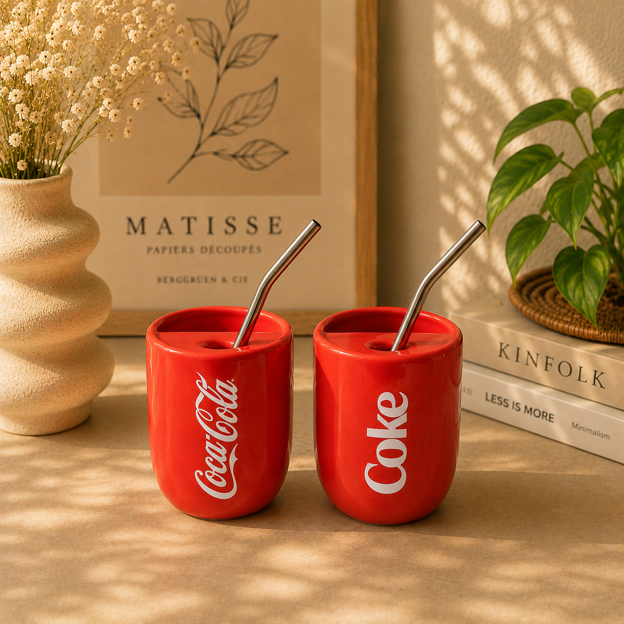 Coke Ceramic Sipper/Tumbler- Red Colour - with stainless steel straw- UV DTF Sticker