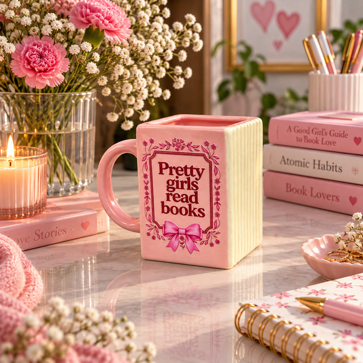 Pretty Girls Read Books- Pink Ceramic Book Mug- UV DTF Stickers