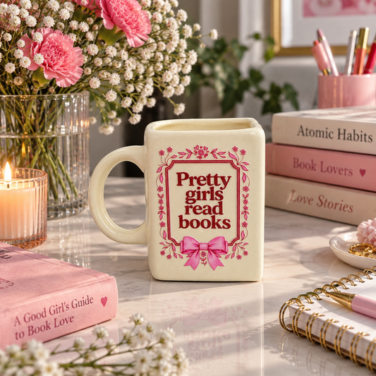 Pretty Girls Read Books- Pink Ceramic Book Mug- UV DTF Stickers