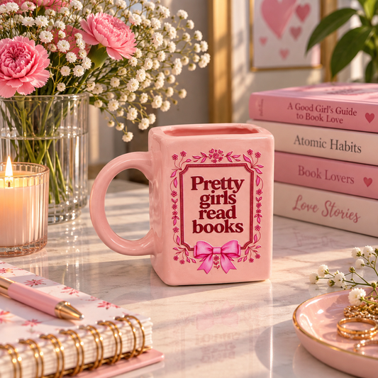 Pretty Girls Read Books- White Ceramic Book Mug- UV DTF Stickers