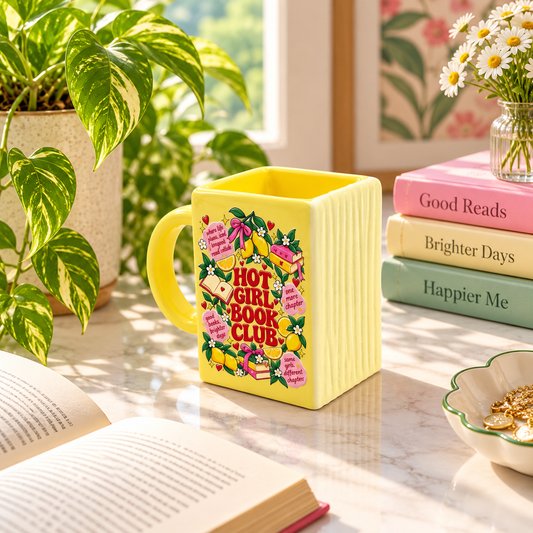 Hot Girl Book Club- Yellow Ceramic Book Mug- UV DTF Stickers