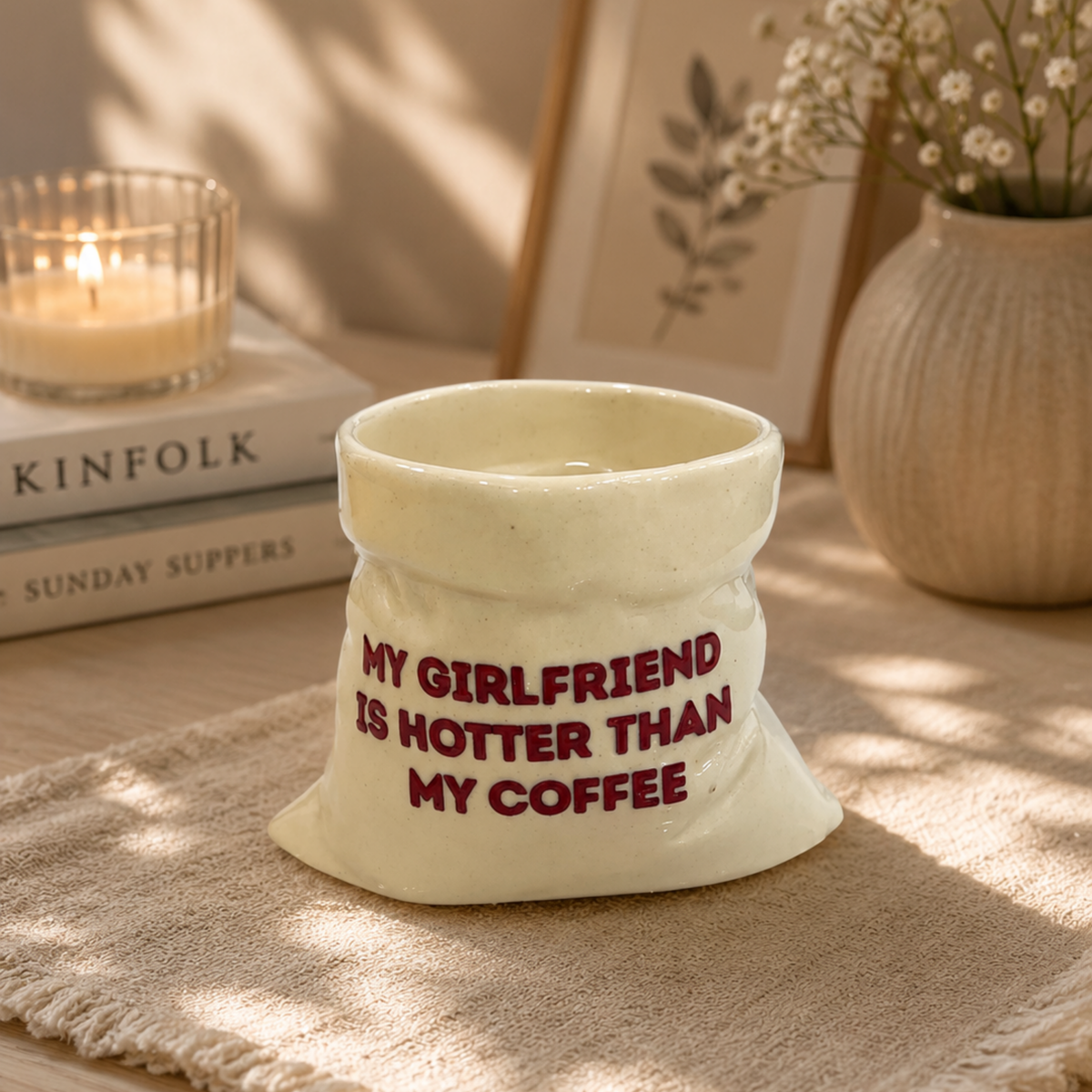 My Girlfriend is Hotter than my Coffee- White Ceramic Pouch Mug with UV DTF Sticker
