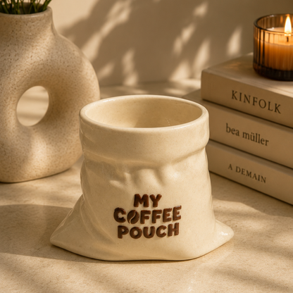 My Coffee Pouch- White Ceramic Pouch Mug with UV DTF Sticker