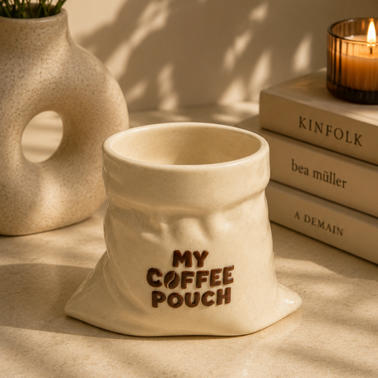 My Coffee Pouch- White Ceramic Pouch Mug with UV DTF Sticker