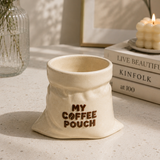 My Coffee Pouch- White Ceramic Pouch Mug with UV DTF Sticker