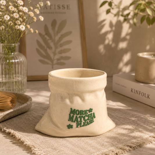 More Matcha Please- White Ceramic Pouch Mug with UV DTF Sticker