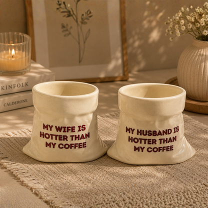 Husband & Wife- White Ceramic Pouch Mug with UV DTF Sticker- Set of 2