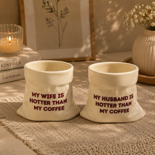 Husband & Wife- White Ceramic Pouch Mug with UV DTF Sticker- Set of 2