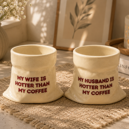 Husband & Wife- White Ceramic Pouch Mug with UV DTF Sticker- Set of 2
