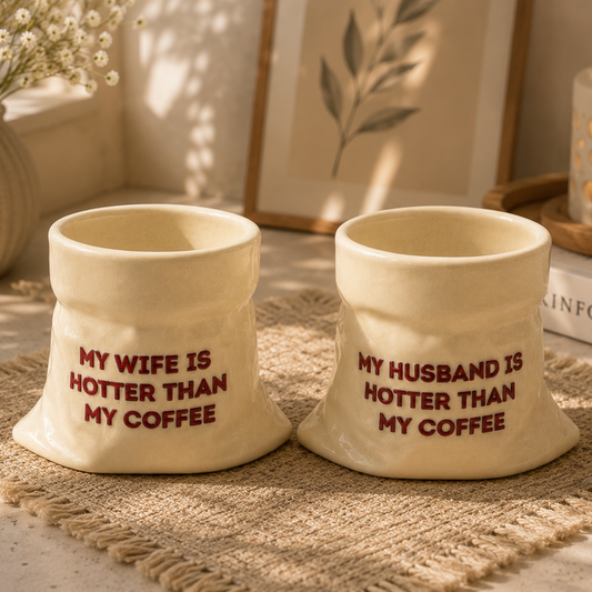 Husband & Wife- White Ceramic Pouch Mug with UV DTF Sticker- Set of 2