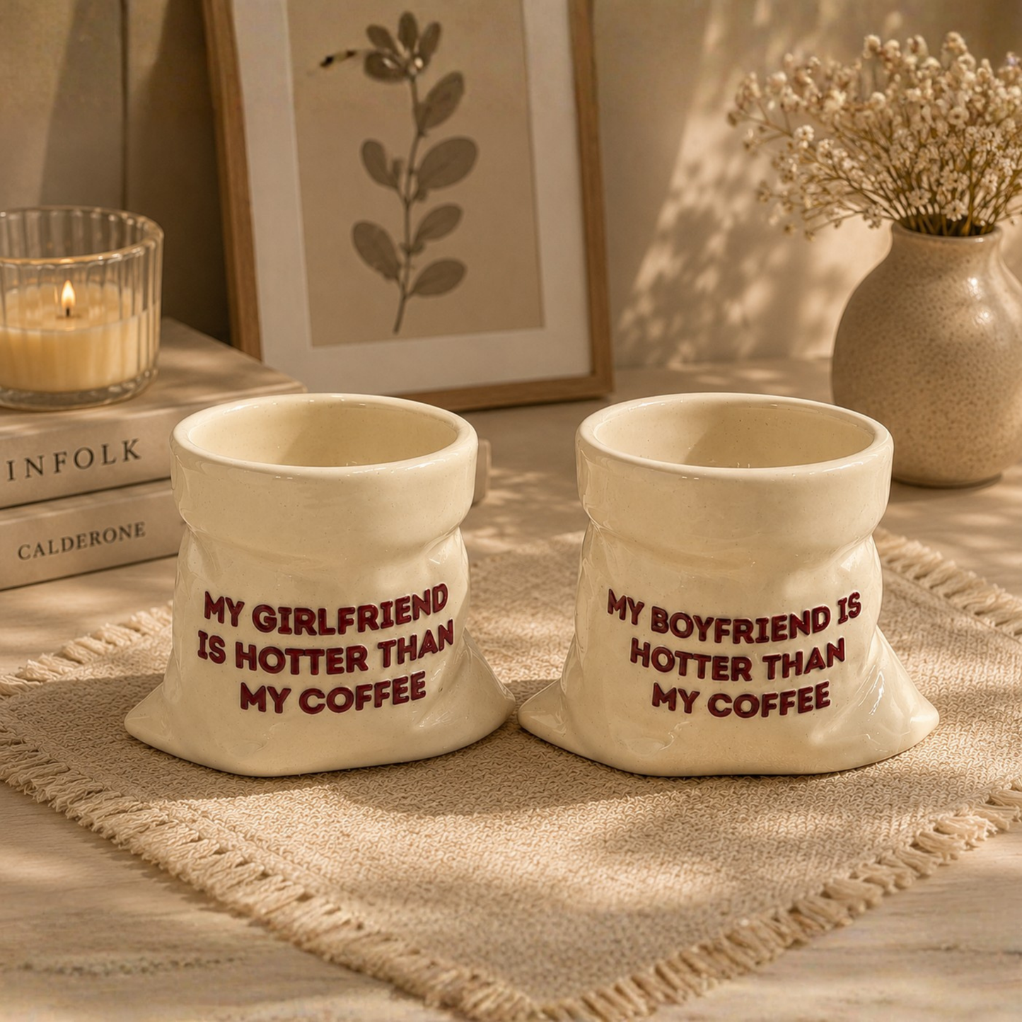 Boyfriend & Girlfriend- White Ceramic Pouch Mug with UV DTF Sticker- Set of 2