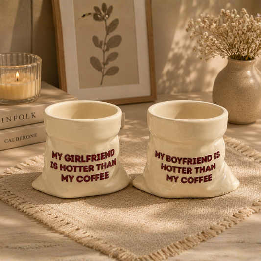 Boyfriend & Girlfriend- White Ceramic Pouch Mug with UV DTF Sticker- Set of 2
