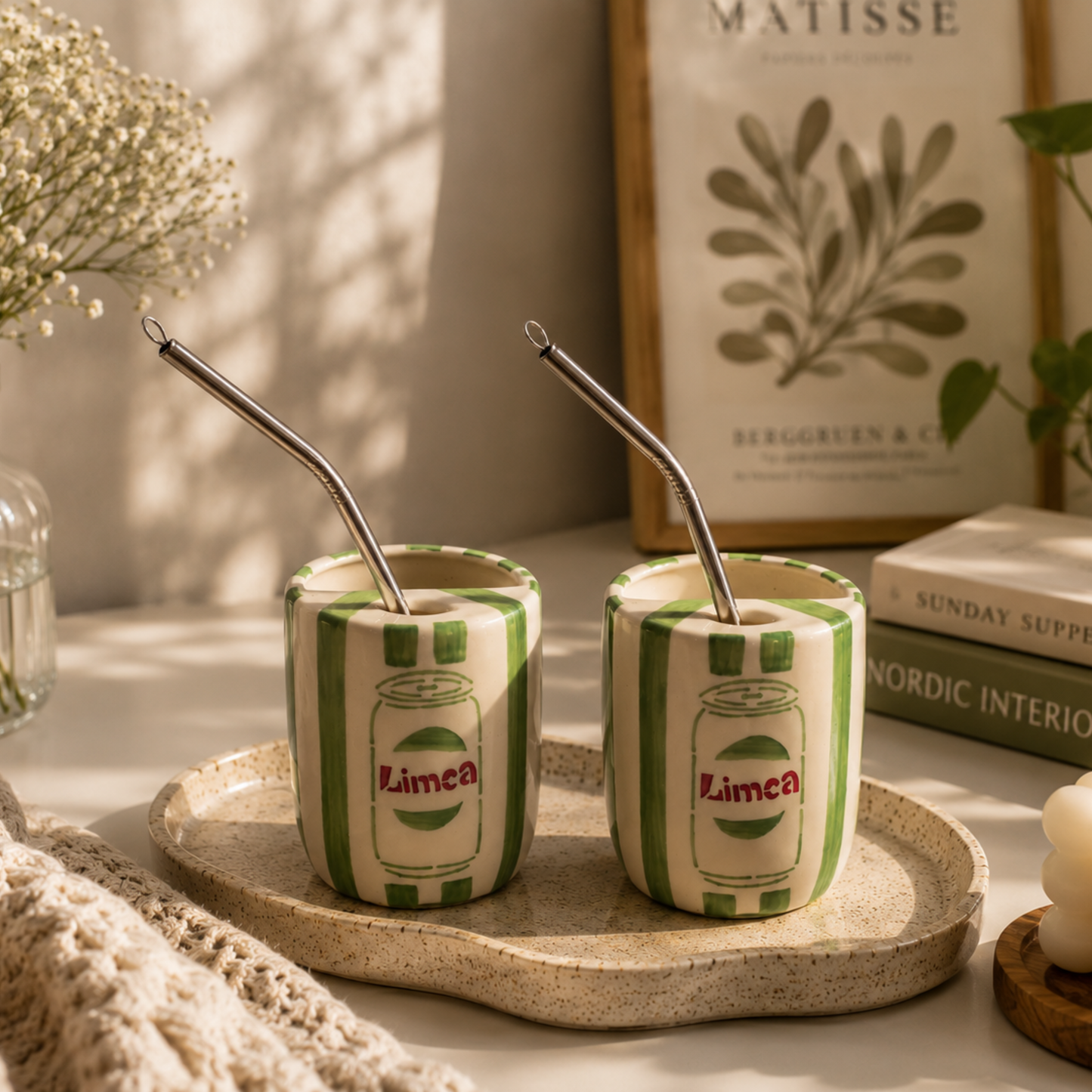 Light Green Limca Ceramic Sipper/Tumbler - with stainless steel straw