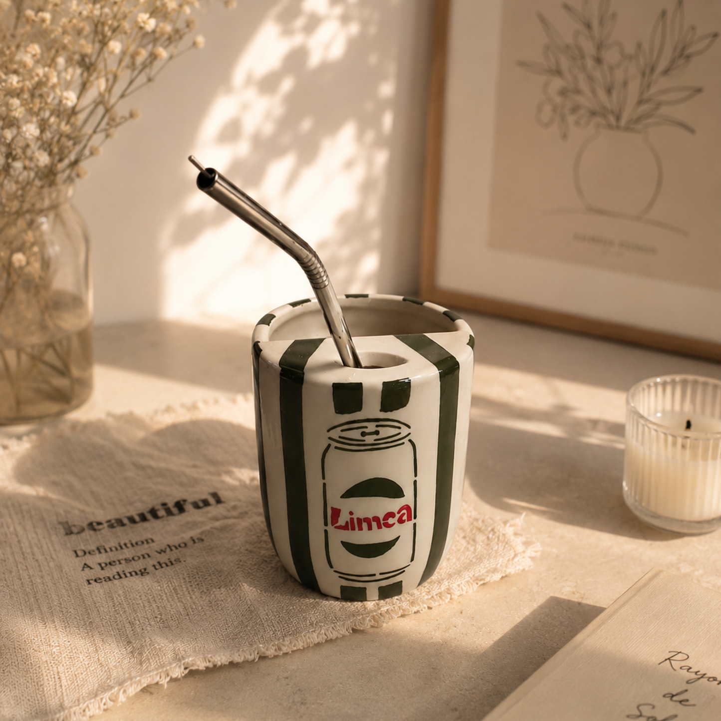 Dark Green Limca Ceramic Sipper/Tumbler - with stainless steel straw