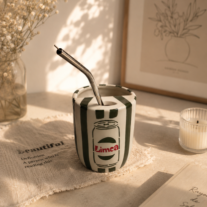 Dark Green Limca Ceramic Sipper/Tumbler - with stainless steel straw