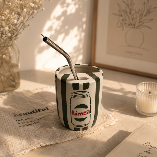 Dark Green Limca Ceramic Sipper/Tumbler - with stainless steel straw