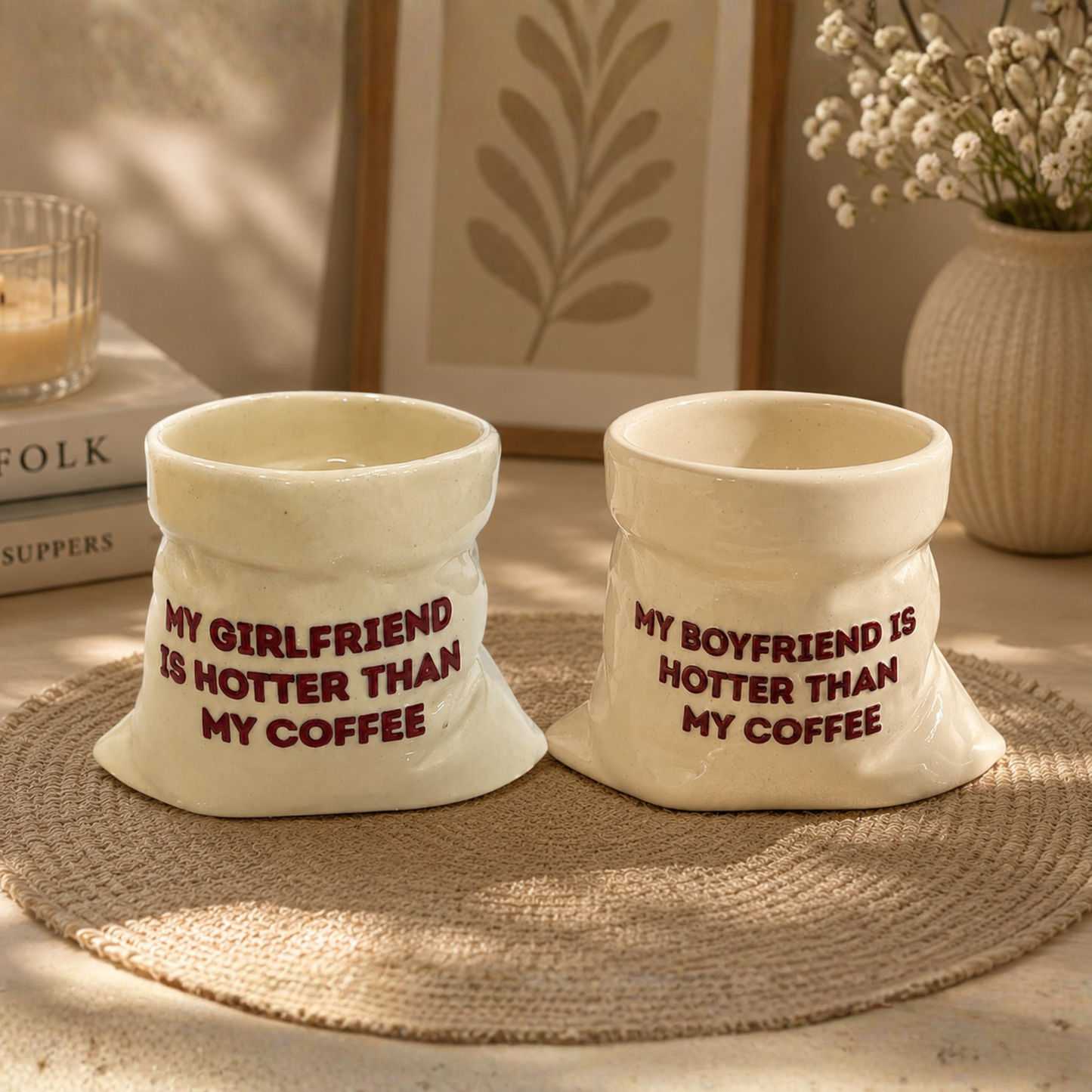 Boyfriend & Girlfriend- White Ceramic Pouch Mug with UV DTF Sticker- Set of 2
