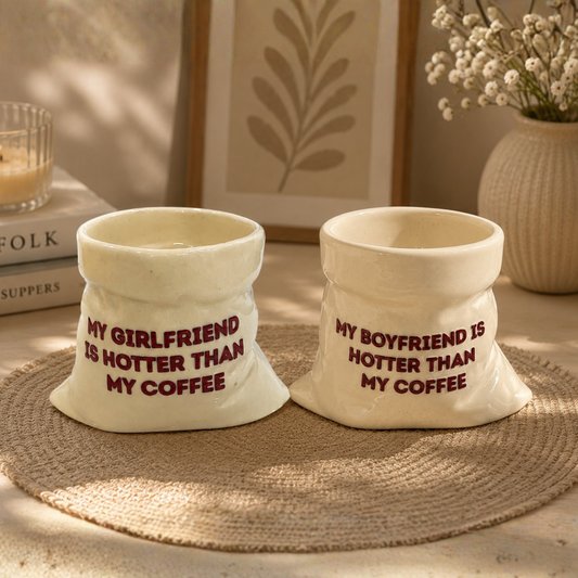Boyfriend & Girlfriend- White Ceramic Pouch Mug with UV DTF Sticker- Set of 2