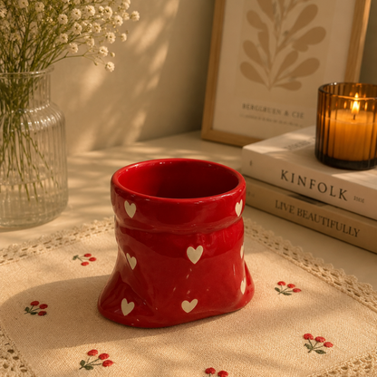 Red Ceramic Pouch Mug with Hearts