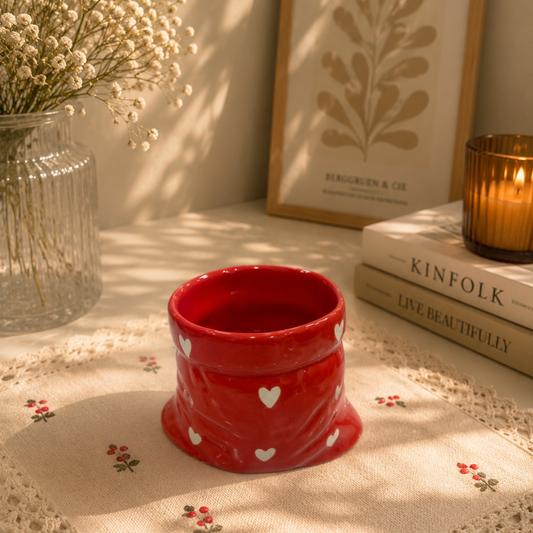 Red Ceramic Pouch Mug with Hearts