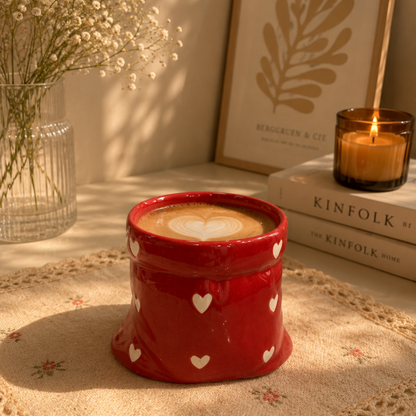 Red Ceramic Pouch Mug with Hearts