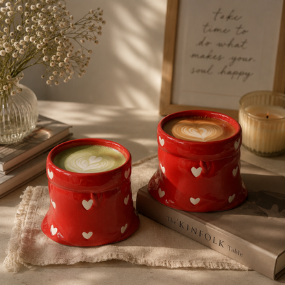 Red Ceramic Pouch Mug with Hearts