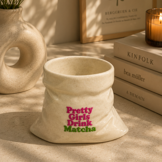 Pretty Girls Drink Matcha- White Ceramic Pouch Mug with UV DTF Sticker