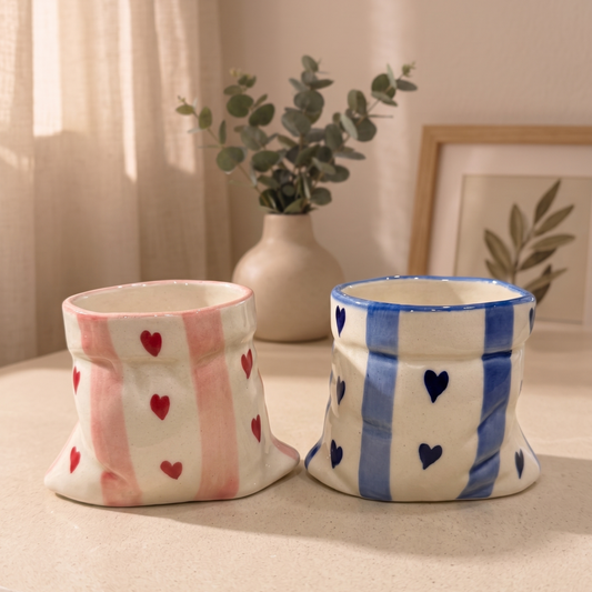 Pink stripes  & Blue Stripes with Heart Print Ceramic Pouch Mug