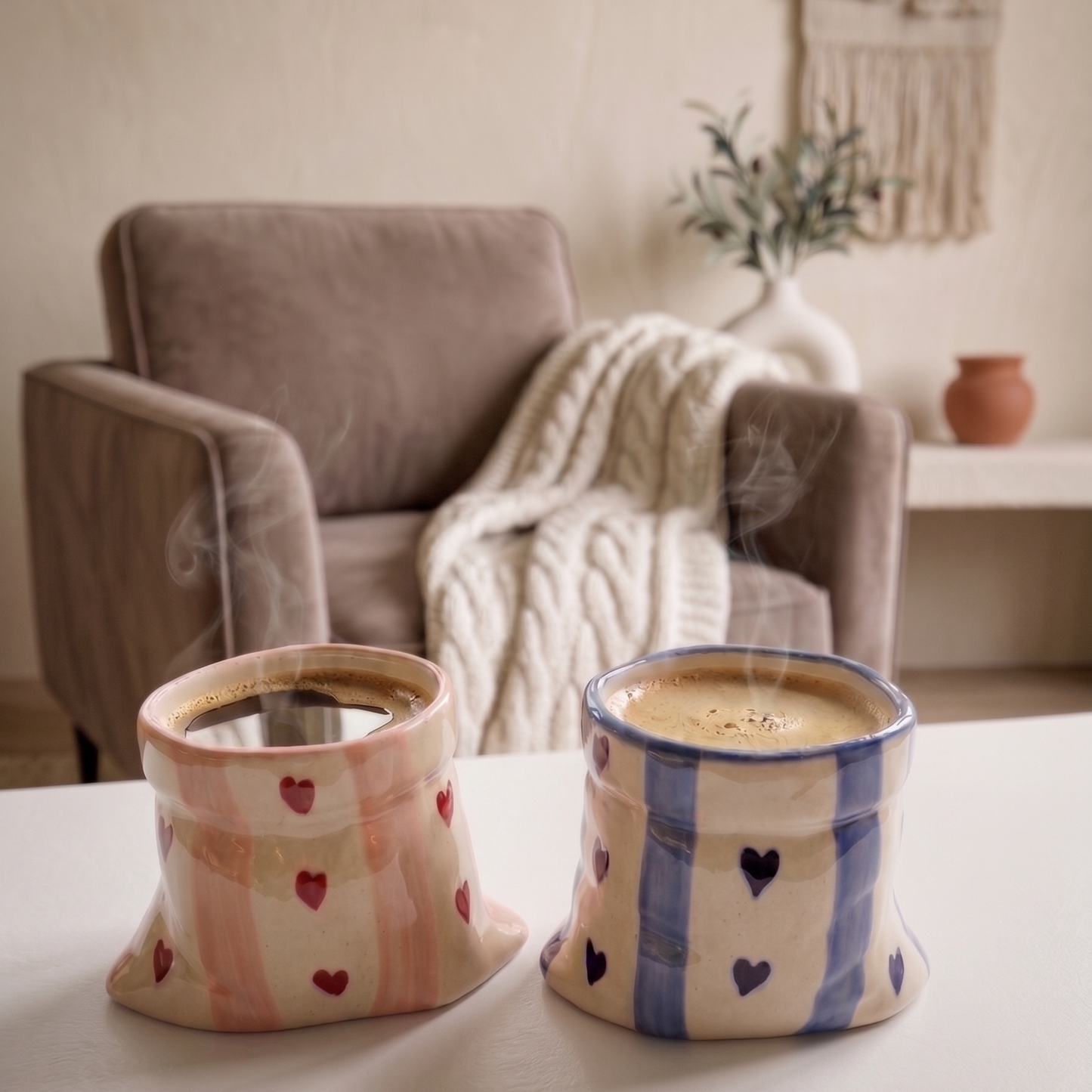 Pink stripes  & Blue Stripes with Heart Print Ceramic Pouch Mug