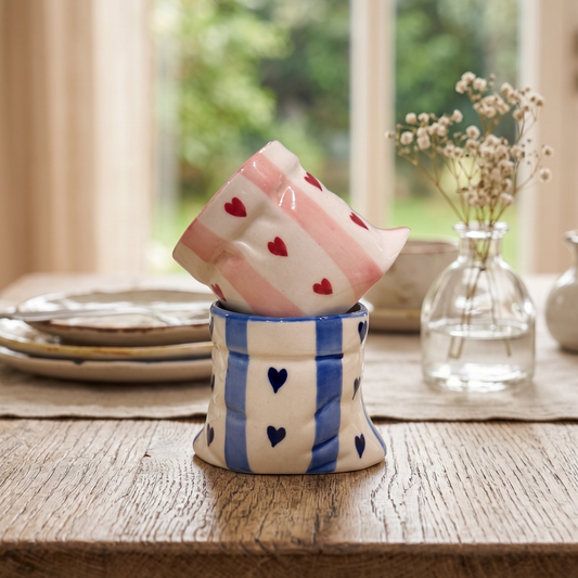 Pink stripes  & Blue Stripes with Heart Print Ceramic Pouch Mug