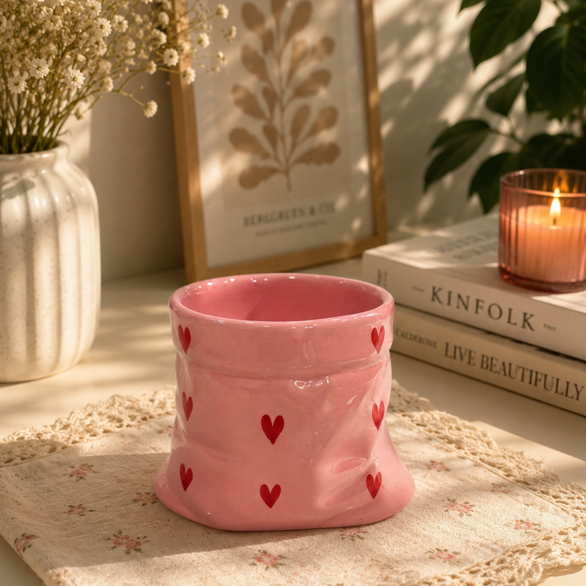 Pink Ceramic Pouch Mug with Hearts